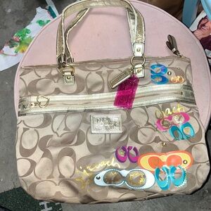 Coach Beige Tote with Gold and Colorful Accents